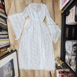 Boudoir Sheer Bridal Lace Maxi Dress Bell Sleeves White Floral Overlay XL